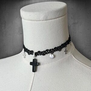 Obsidian Cross Pendant Black Lace Choker Charm Necklace